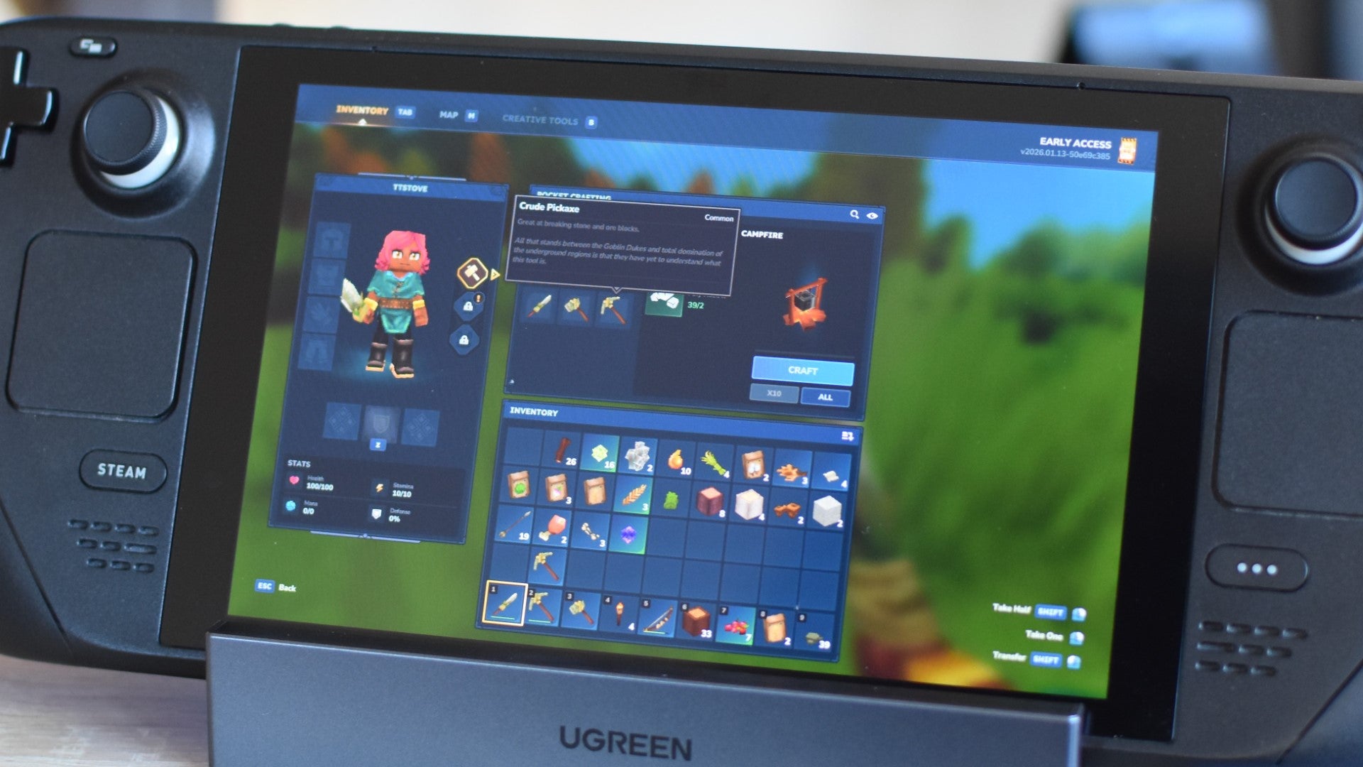 Hytale's inventory and pocket crafting screen, shown on a Steam Deck. - 5