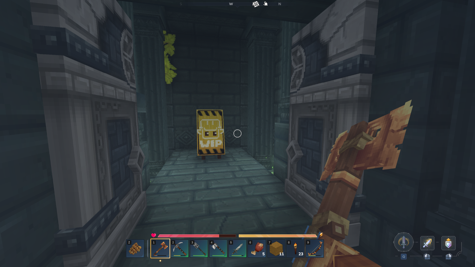 In Hytale early access, opening the doors of a stone temple to find a lonely WIP sign inside. - 4