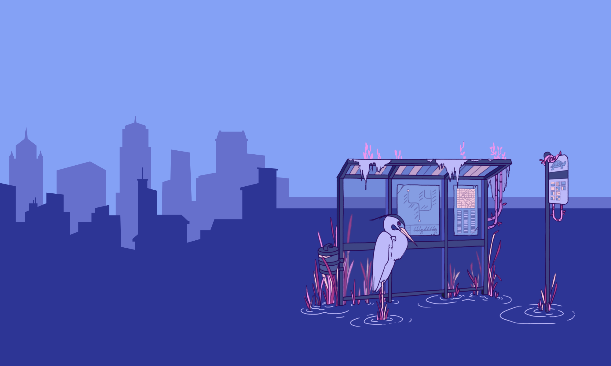 With a city in the background, a stork stands by a swamped bus stop, which has been partly covered in tattered rags. There&rsquo;s a feeling of stillness and solitude. The image is from the game I&rsquo;m Sorry Did you Say Street Magic