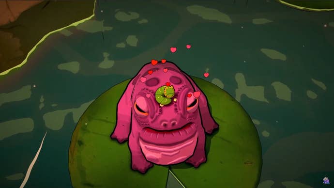 A caterpillar curls up on the head of a grumpy frog and the two become friends in I Am A Caterpillar