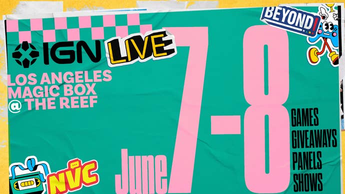 IGN Live banner showing the June 7-8 date on a green background and a yellow border.