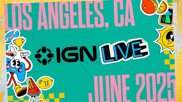 Poster for IGN Live that reads: Los Angeles, CA, IGN Live, June 2025, with a jaunty graphic and light summer colours.