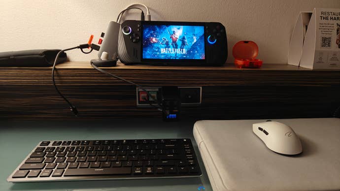 An Asus ROG Ally X used with a Cherry low profile keyboard