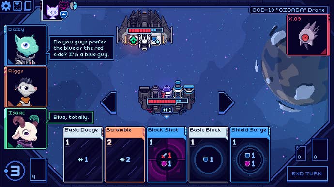 Cobalt Core screenshot showing the bicolour Gemini spaceship and crew discussing whether they prefer the blue side or the red side.