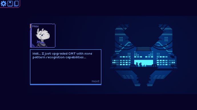 Cobalt Core screenshot showing Max the llama, remembering the time when he programmed the CAT AI to be good at pattern-recognition.