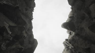 Looking up between two rocks in Lushfoil Photography Sim.