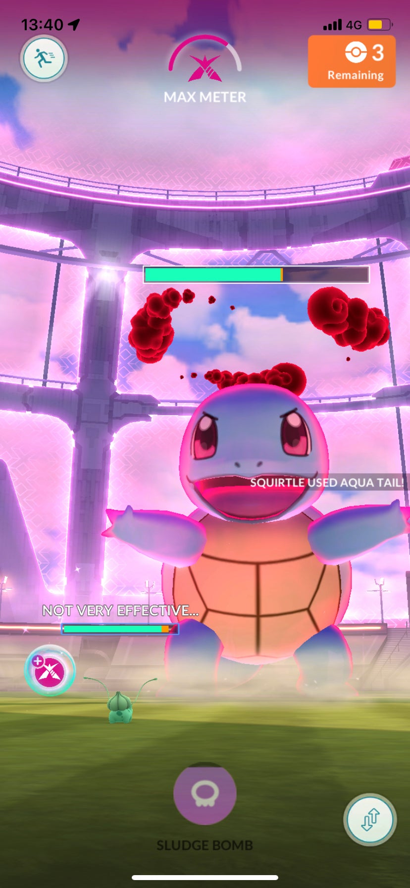 Pok&eacute;mon Go screenshot showing a Dynamax battle featuring Squirtle.