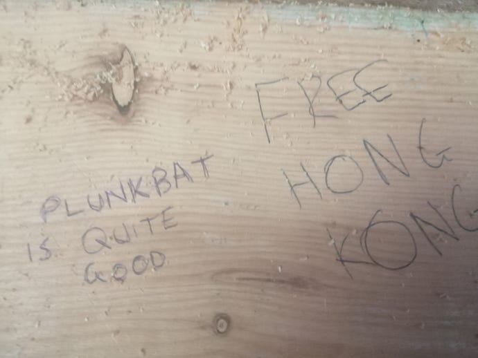 The phrase "Plunkbat is quite good", written by the person taking the photo, next to the phrase "FREE HONG KONG", written by somebody else, on a wooden wall