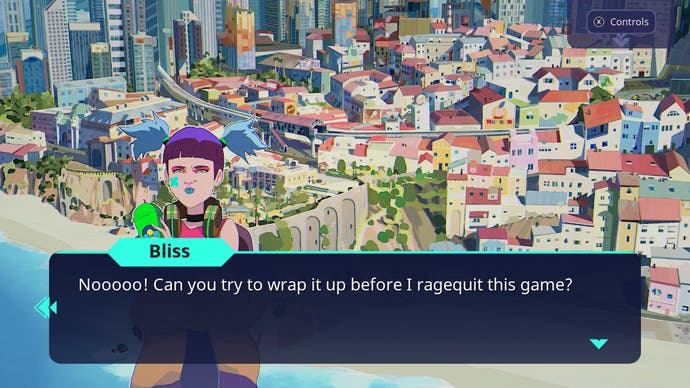 Harmony The Fall of Reverie review - screenshot showing Bliss speaking in a frustrated tone