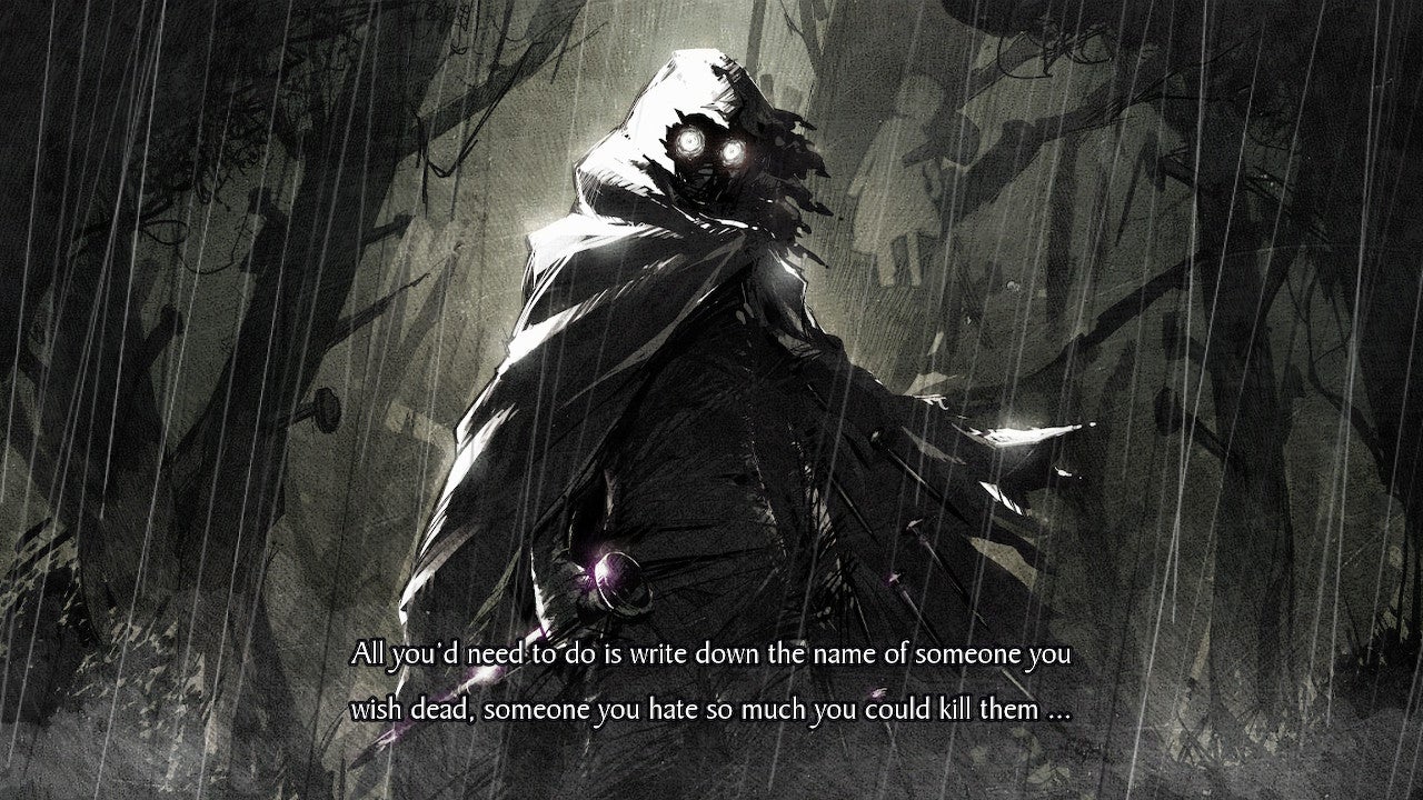 The Nail Man standing in a rain-soaked forest