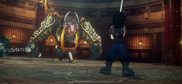 Zack against a boss in Wutai in Final Fantasy 7 Ever Crisis