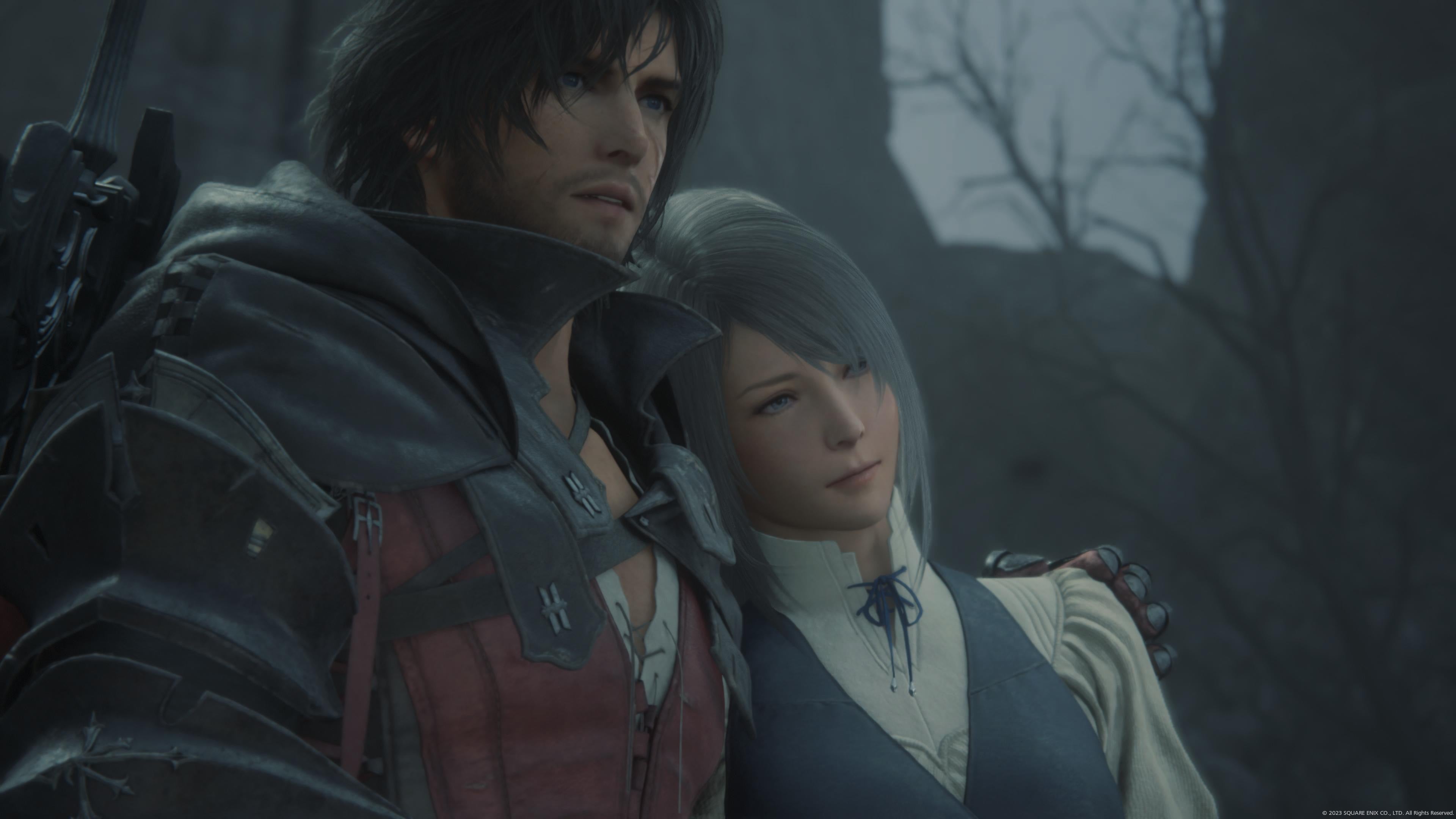 Clive and Jill hug in Final Fantasy 16