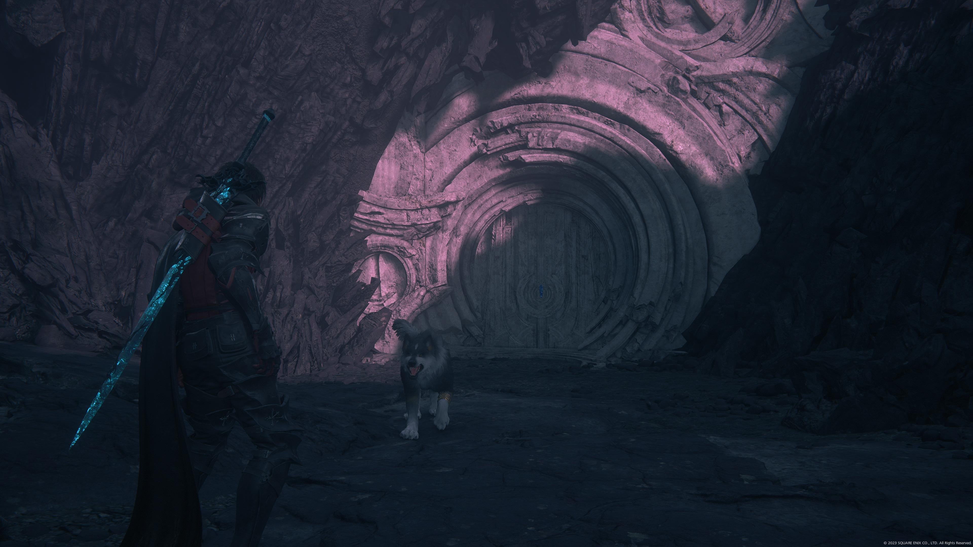 Clive and Torgal in front of a stone circular unopening door in Final Fantasy 16