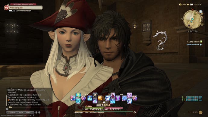 Final Fantasy 14 screenshot with UI and Clive from Final Fantasy 16 next to a random elf player