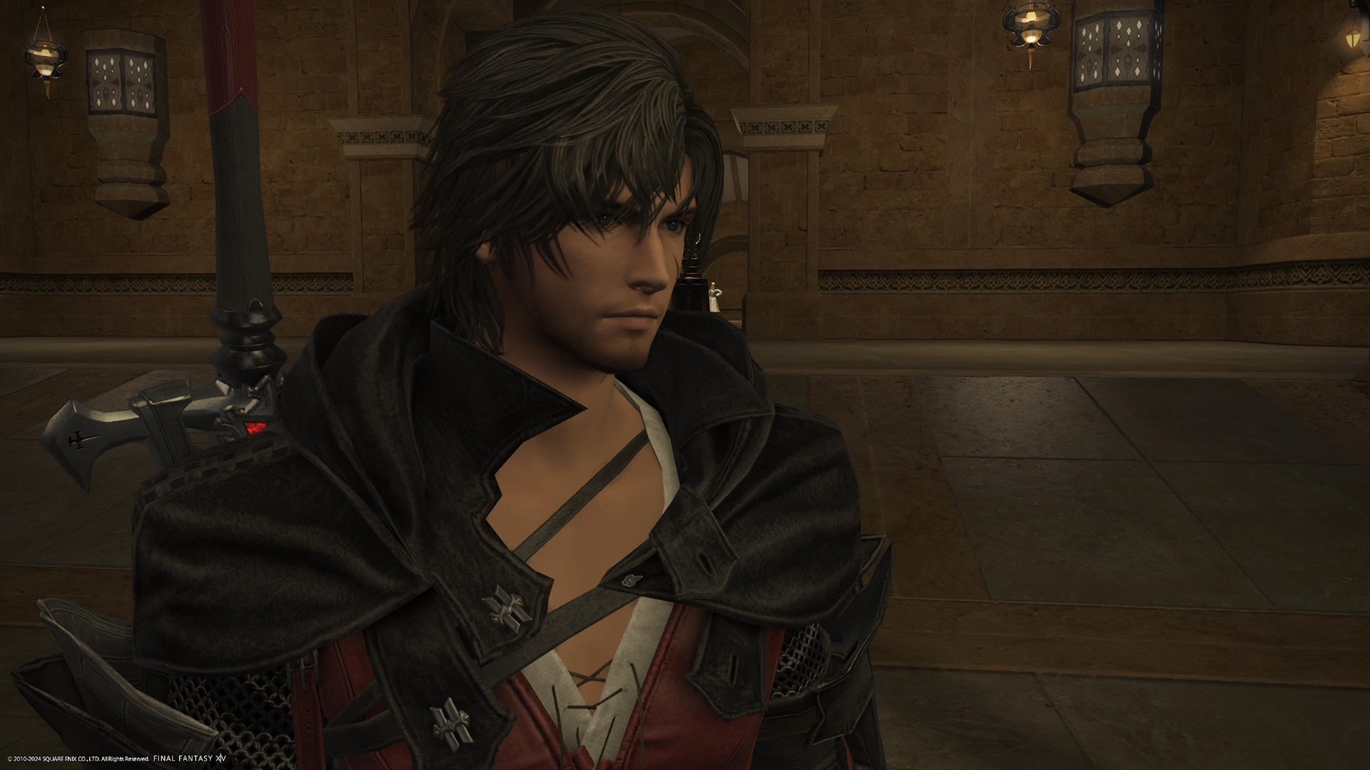 Clive from Final Fantasy 16 in Final Fantasy 14 interior staring to the right