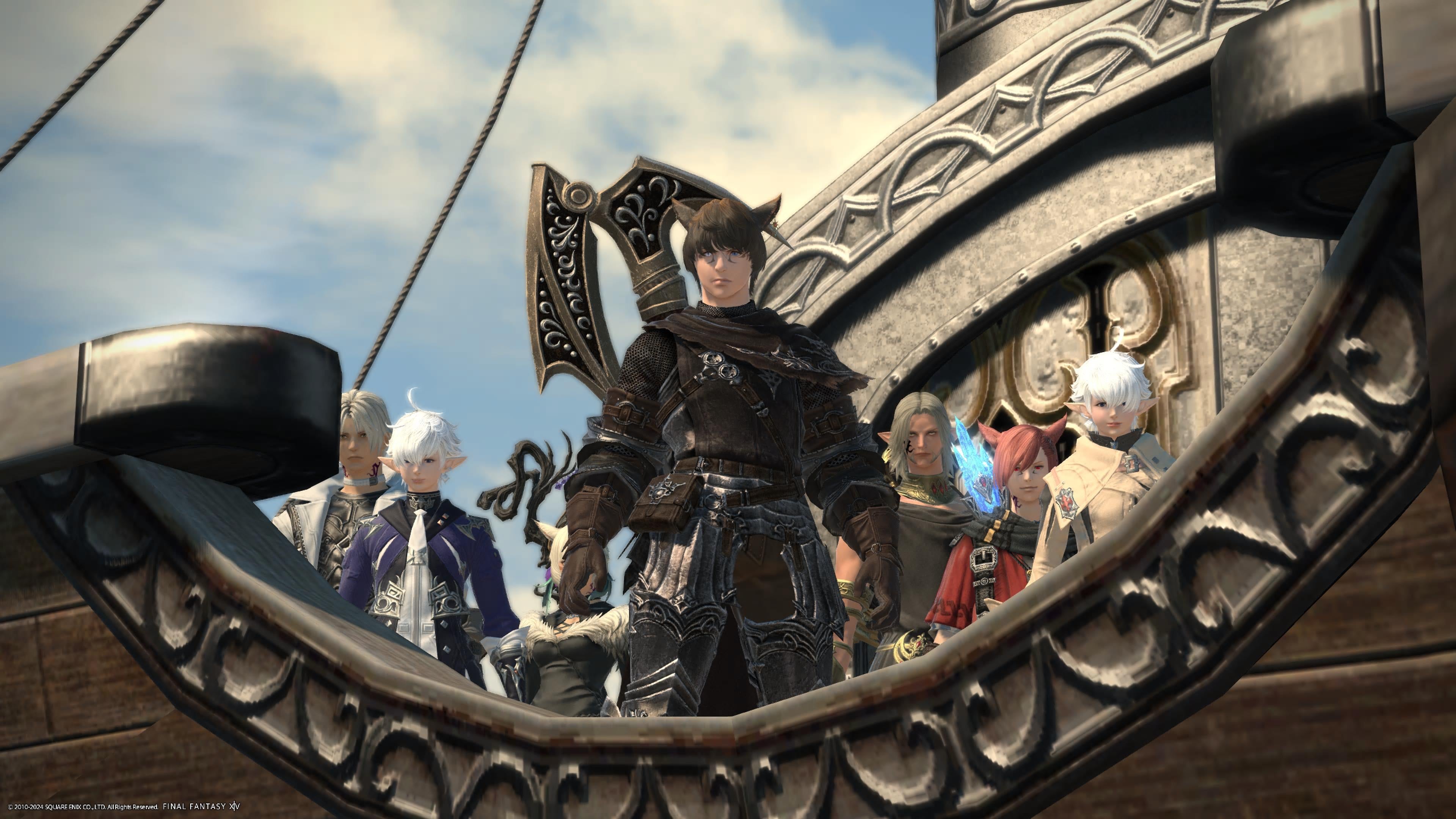 Final Fantasy 14 screenshot showing lead cat boy character in black on a boat with various characters behind him