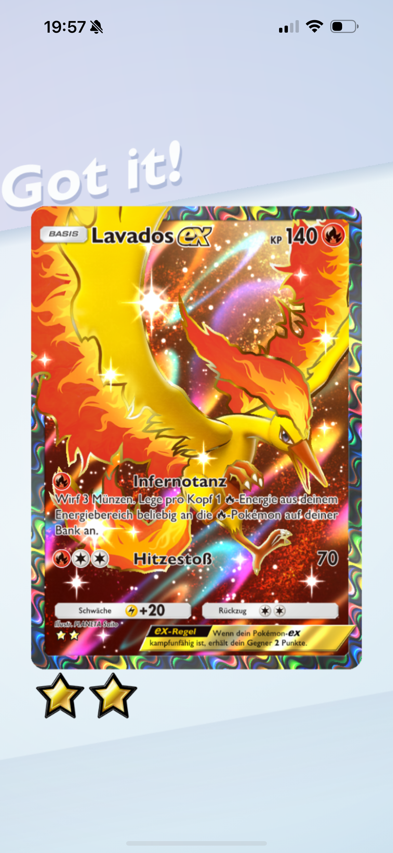 A mobile screenshot of the Moltres EX card in Pokemon TCG Pocket.
