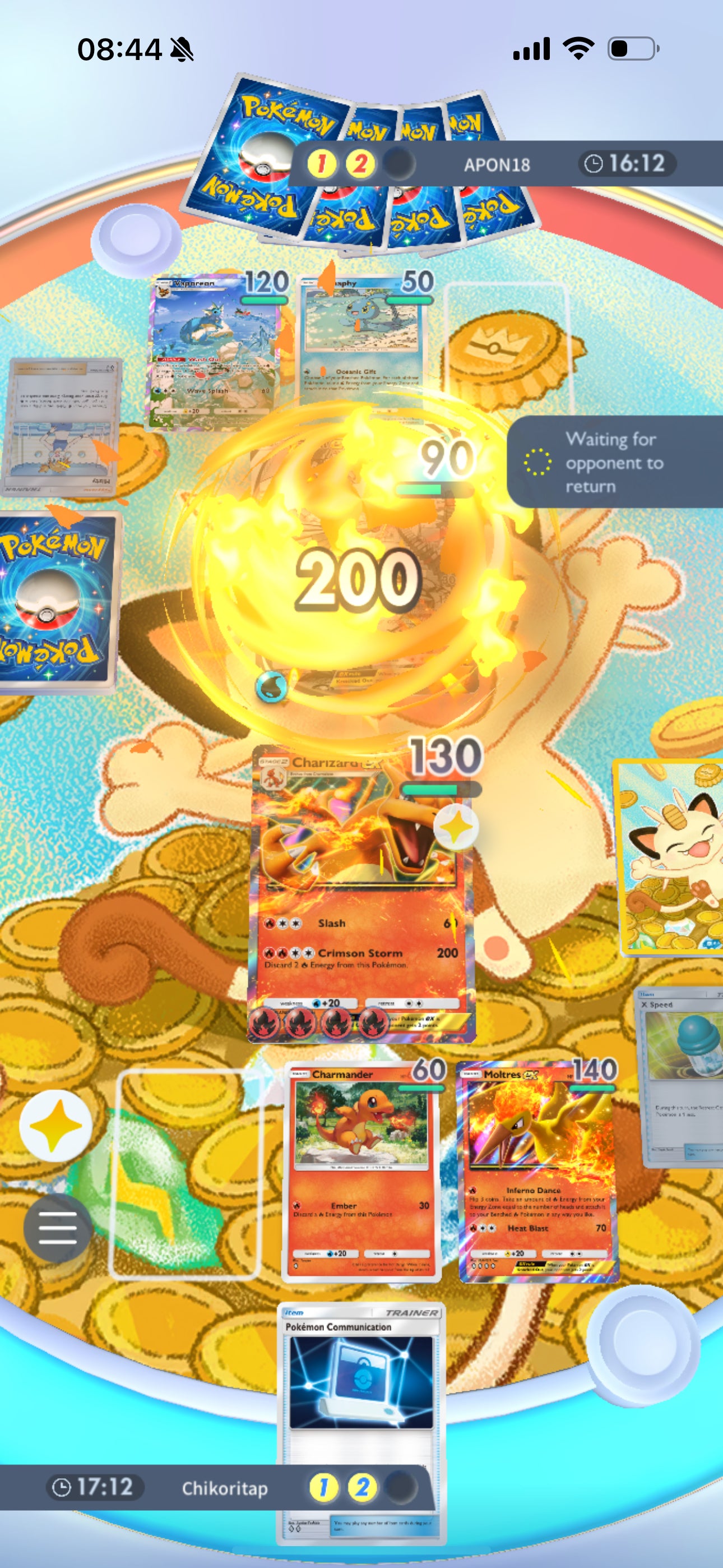 Pokémon TCG Pocket screenshot showing my Charizard EX dealing 200 damage to the opponent, who has gone AFK