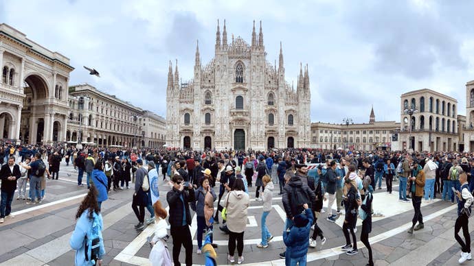 A photo of the Duomo city square in Milan.