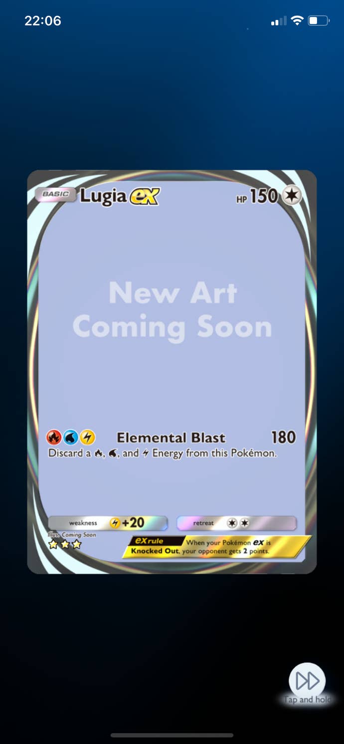 Screenshot from mobile trading game Pokémon TCG Pocket showing a card for Lugia EX with the words