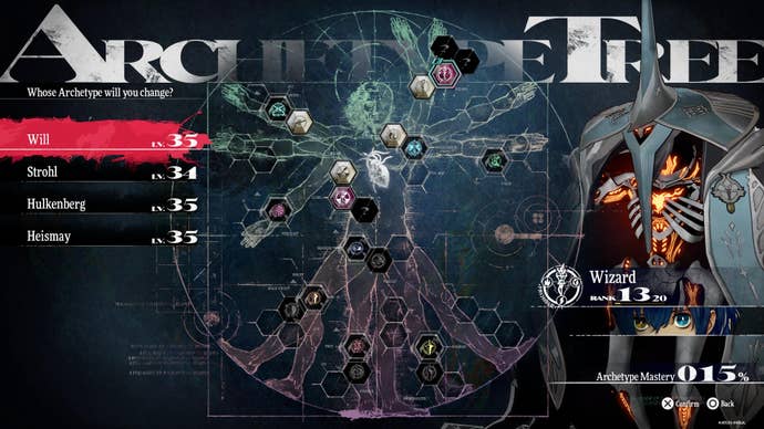 Metaphor: ReFantazio screenshot showing Archetype Tree menu using Vitruvian Man