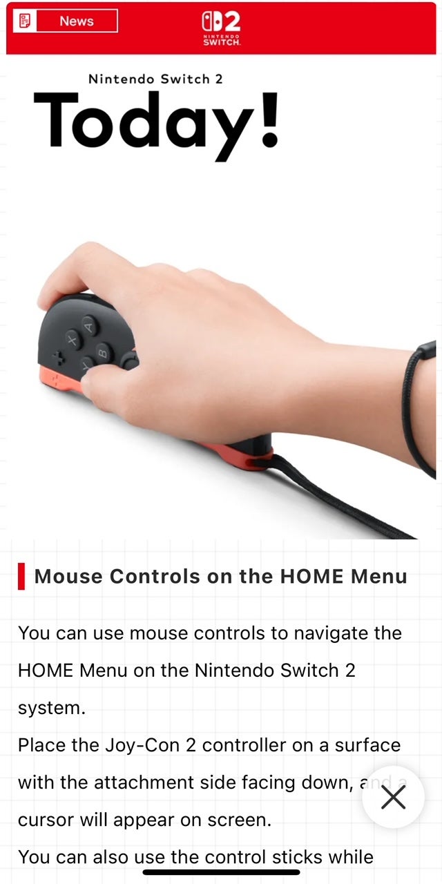 Screenshot of Nintendo Today app showing mouse controls