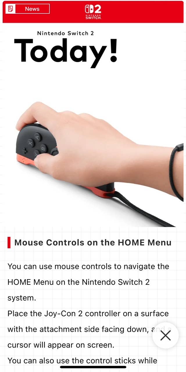 Screenshot of Nintendo Today app showing mouse controls