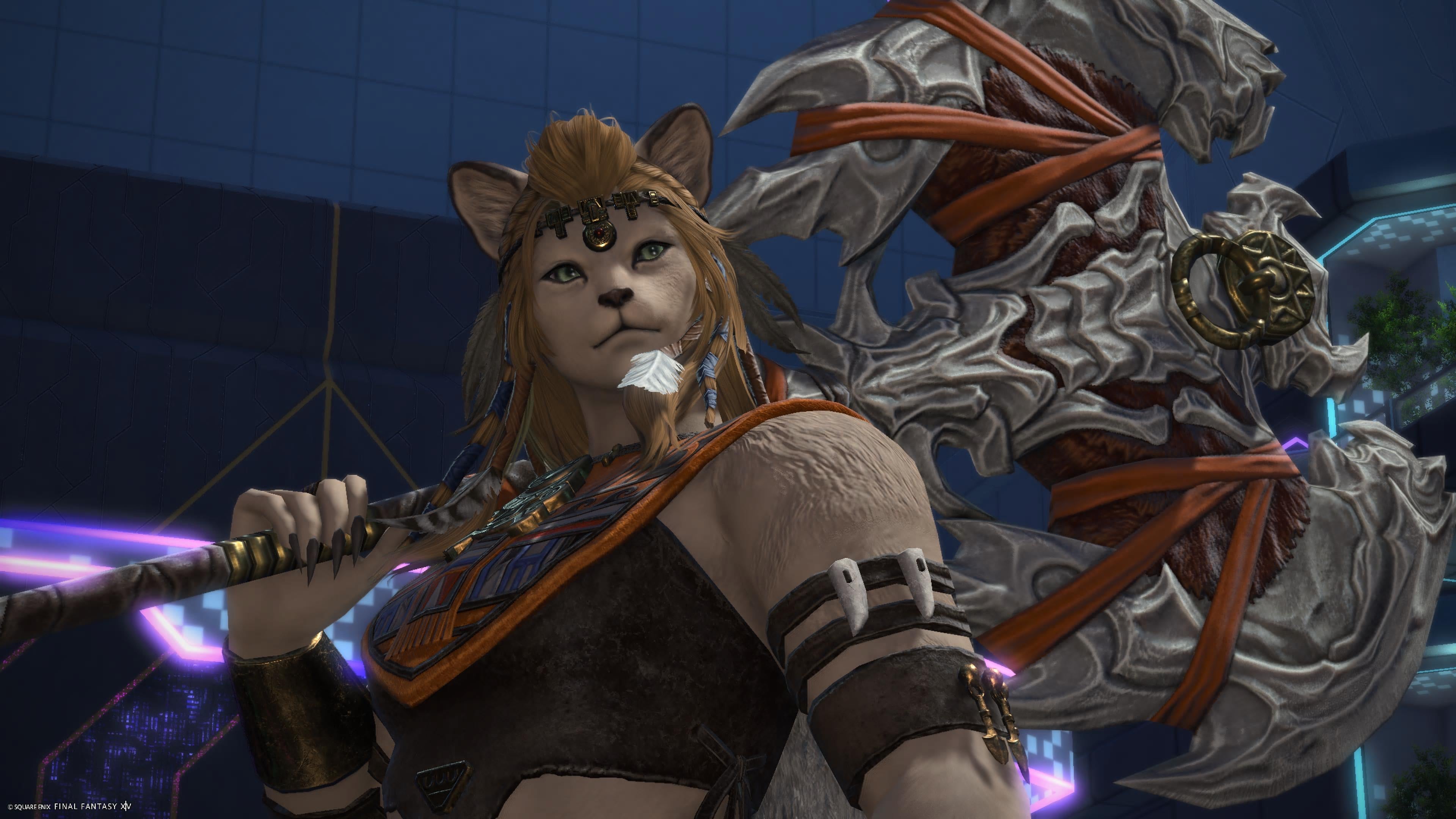 Close up of female cat warrior Wuk Lamat carrying a large axe