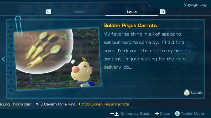 A Pikmin 4 screenshot showing Louie dreaming of Golden Pikpik Carrots, foreshadowing Pikmin 2.
