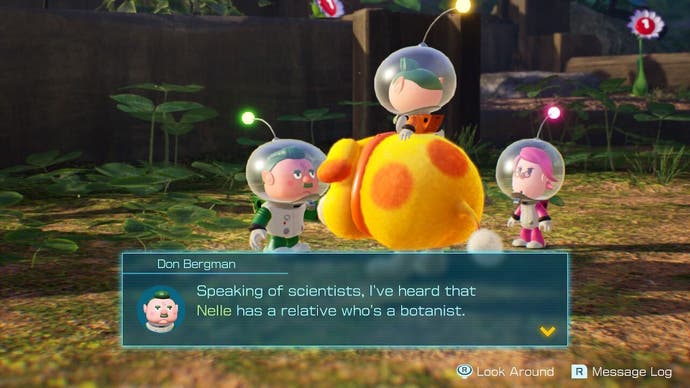A Pikmin 4 screenshot showing Koppai scientists discussing family members seen in Pikmin 3.