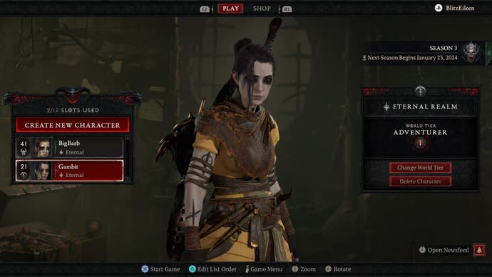Screenshot from Diablo 4 character selection screen