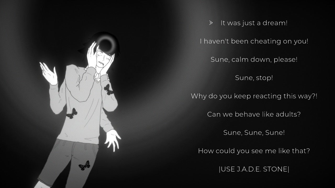 Milky Way Prince review - black and white image of Nuki looking distressed next to 10 dialogue options of you trying to convince Sune to calm down.