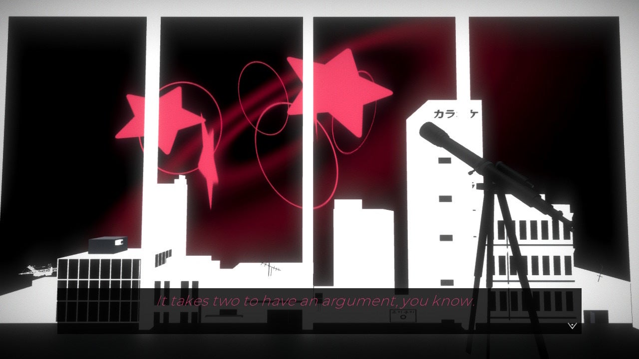 Milky Way Prince review - a view from your window past a silhouette of your telescope, of white city buildings and a night sky of giant pink stars and pink concentric circles