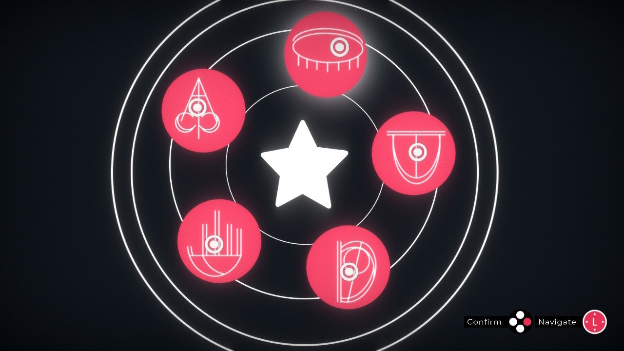 Milky Way Prince review - five rotating pink symbols around a white star on a black screen, they vaguely represent an eye, a tongue, an ear, a hand, and a nose.