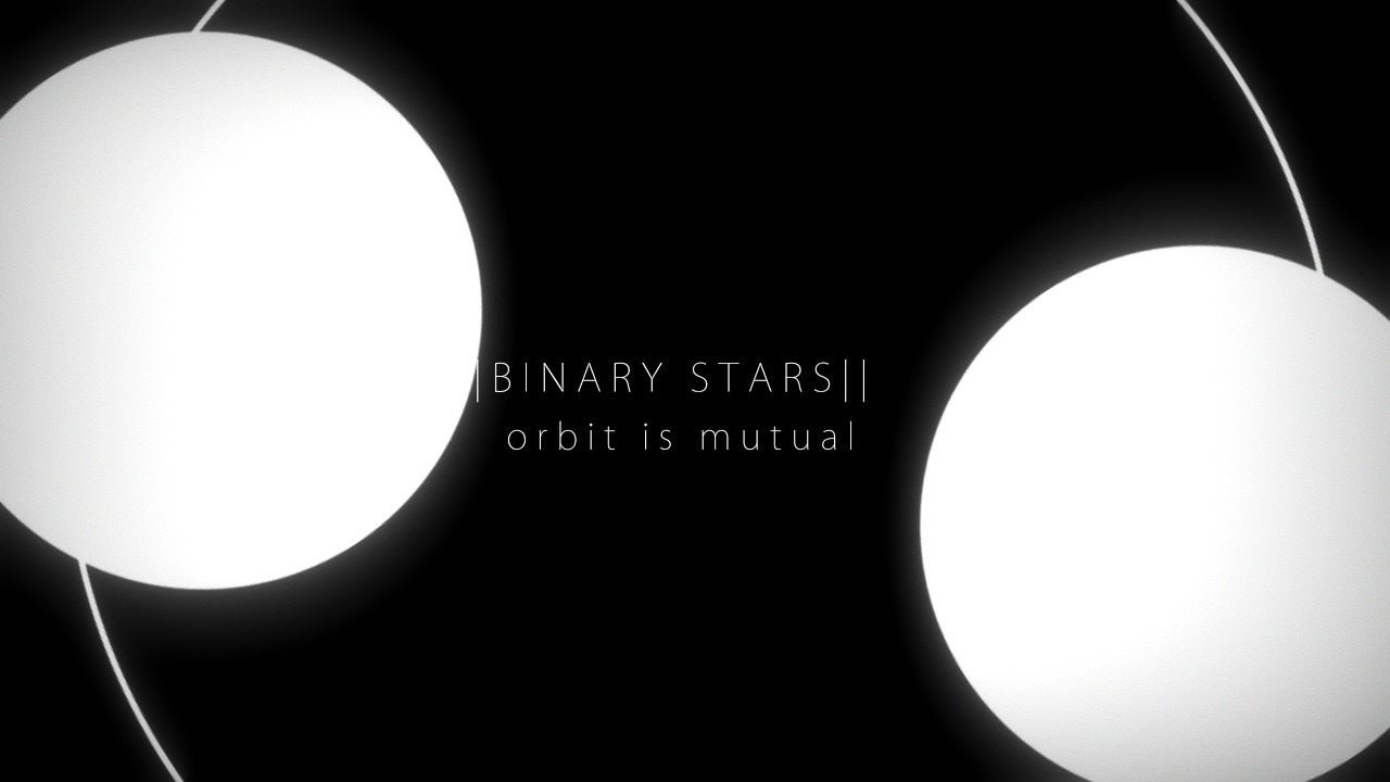 Milky Way Prince review - two large white circles rotate, connected by a thin white circular line, around the text saying &ldquo;BINARY STARS, orbit is mutual&rdquo;.