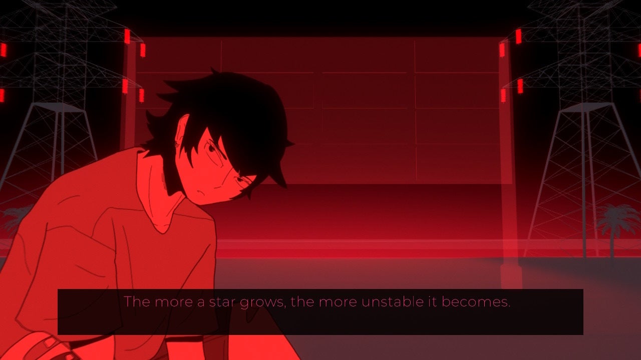 Milky Way Prince review - Sune sits facing you uneasily, the screen is mostly faded red, and he says &ldquo;The more a star grows, the more unstable it becomes&rdquo;.