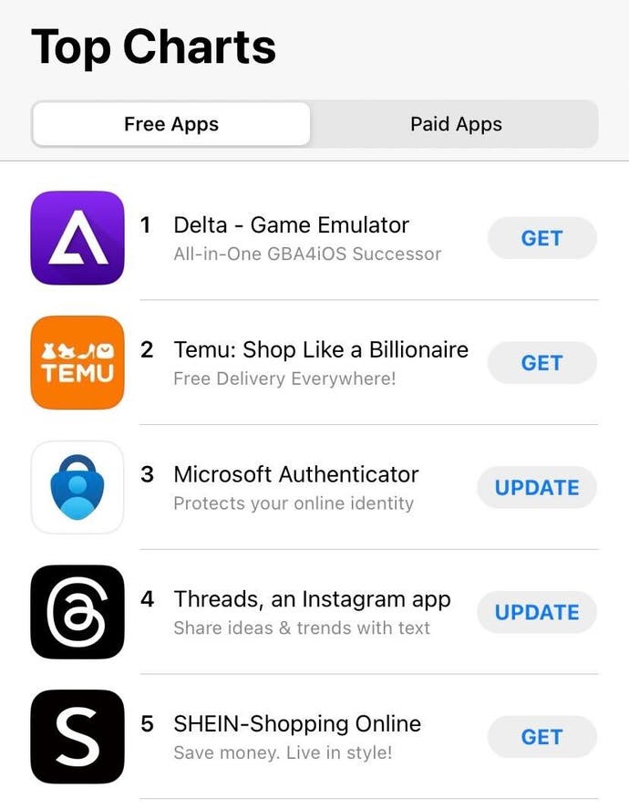 The iPhone App Store top free games chart, with Nintendo emulator Delta top.
