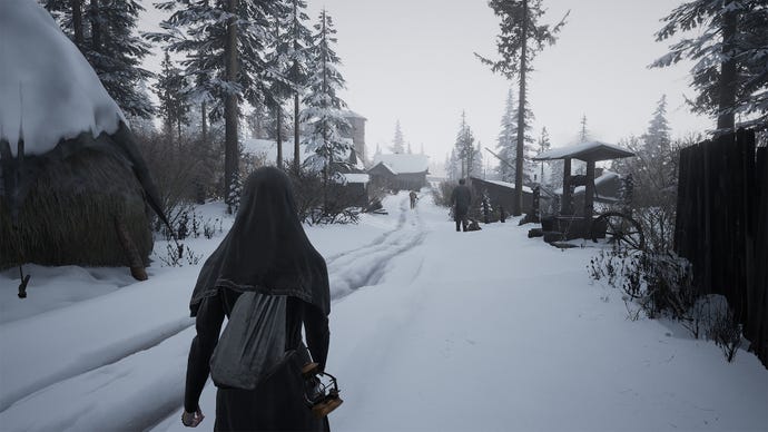 A snowy outside area in Russian adventure Indika, with the nun protagonist looking at some trees.