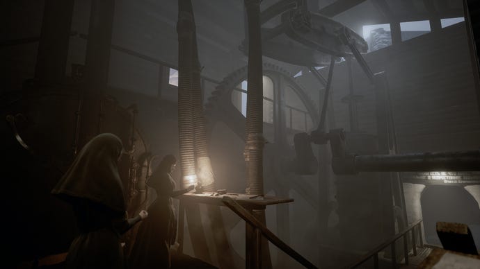 A lamp-lit interior in Russian adventure game Indika with two nuns talking.