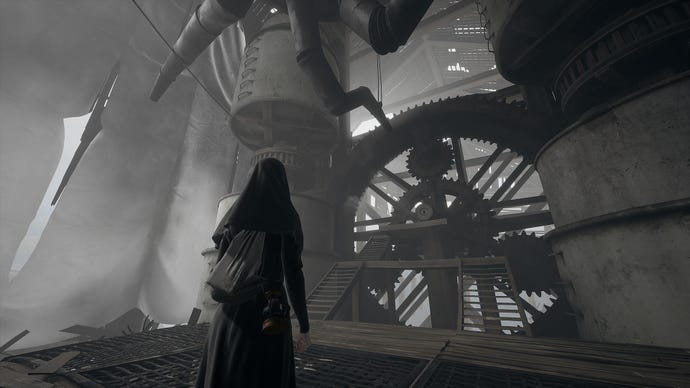 A screenshot from Russian adventure game Indika, showing the nun protagonist looking up at a huge mechanical wheel.