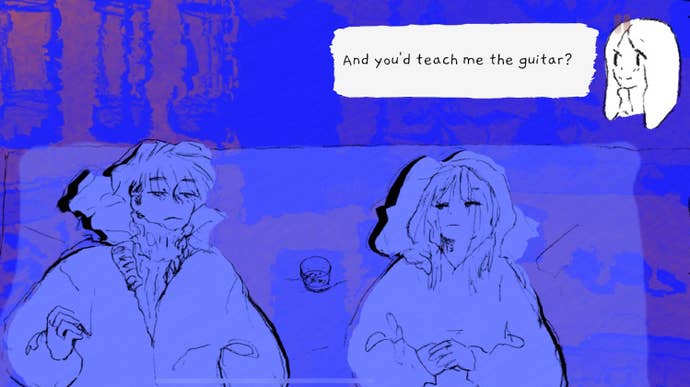 A screenshot from If Found, showing a painterly scene of two people lying on a bed. The character on the right asks, “And you’d teach me the guitar?"