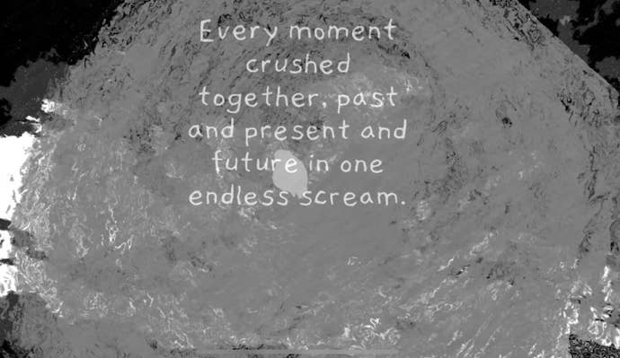 A screenshot from If Found, showing a paint-smear grey circle almost entirely obscuring whatever lies beneath. Text on the circle reads, “Every moment crushed together, past and present and future in one endless scream."