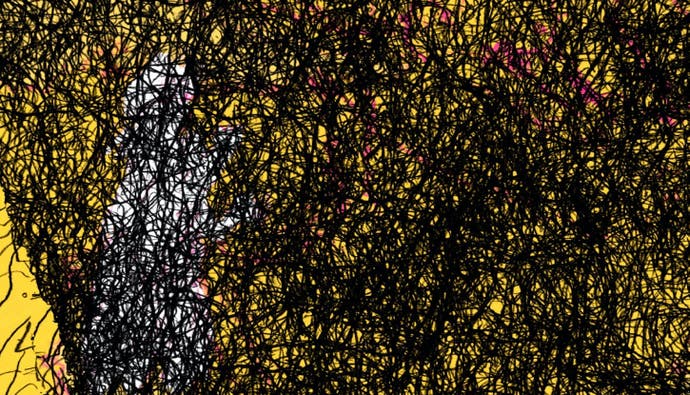 A screenshot from If Found, showing a frantic black scribble almost entirely obscuring what appears to be an illustration of Kasio on a yellow backdrop.
