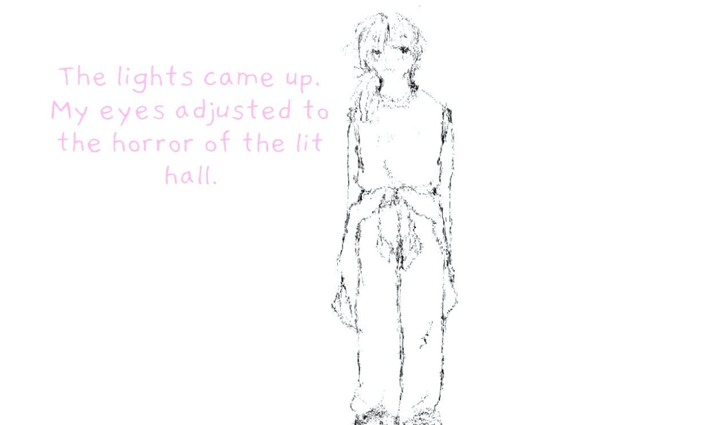 A screenshot from If Found, showing an illustrated Kasio standing alone against a white background. Pink scribbled text to the left of Kasio reads, &ldquo;The lights came up. My eyes adjusted to the horror of the lit hall."