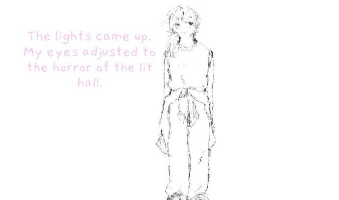 A screenshot from If Found, showing an illustrated Kasio standing alone against a white background. Pink scribbled text to the left of Kasio reads, “The lights came up. My eyes adjusted to the horror of the lit hall."