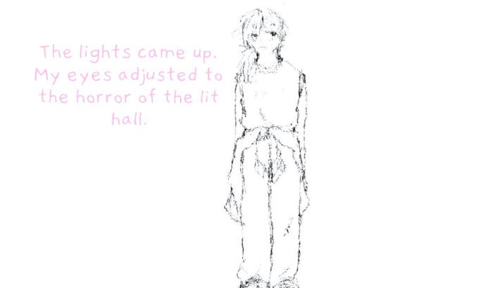 A screenshot from If Found, showing an illustrated Kasio standing alone against a white background. Pink scribbled text to the left of Kasio reads, "The lights came up. My eyes adjusted to the horror of the lit hall."