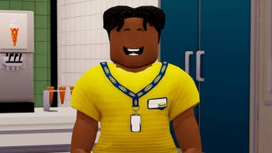A smiling Roblox avatar in a yellow Ikea top with an Ikea lanyard around their neck