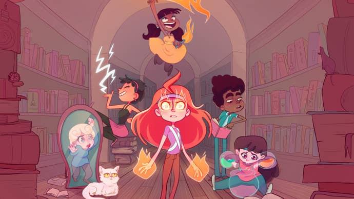 Art of Ikenfell’s main characters using various spells and surrounded by books.