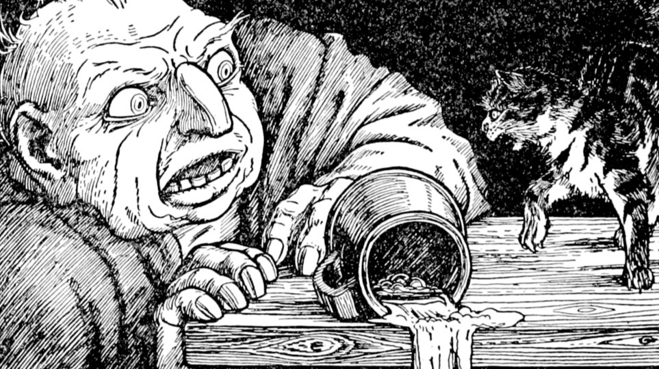 A 1916 drawing of an ogre with a spilled mug beholding an angry cat - 1