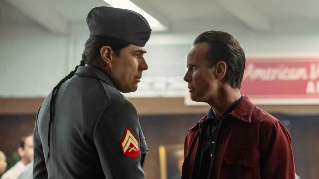 Image from Fallout season two showing Cooper Howard talking to a friend in uniform